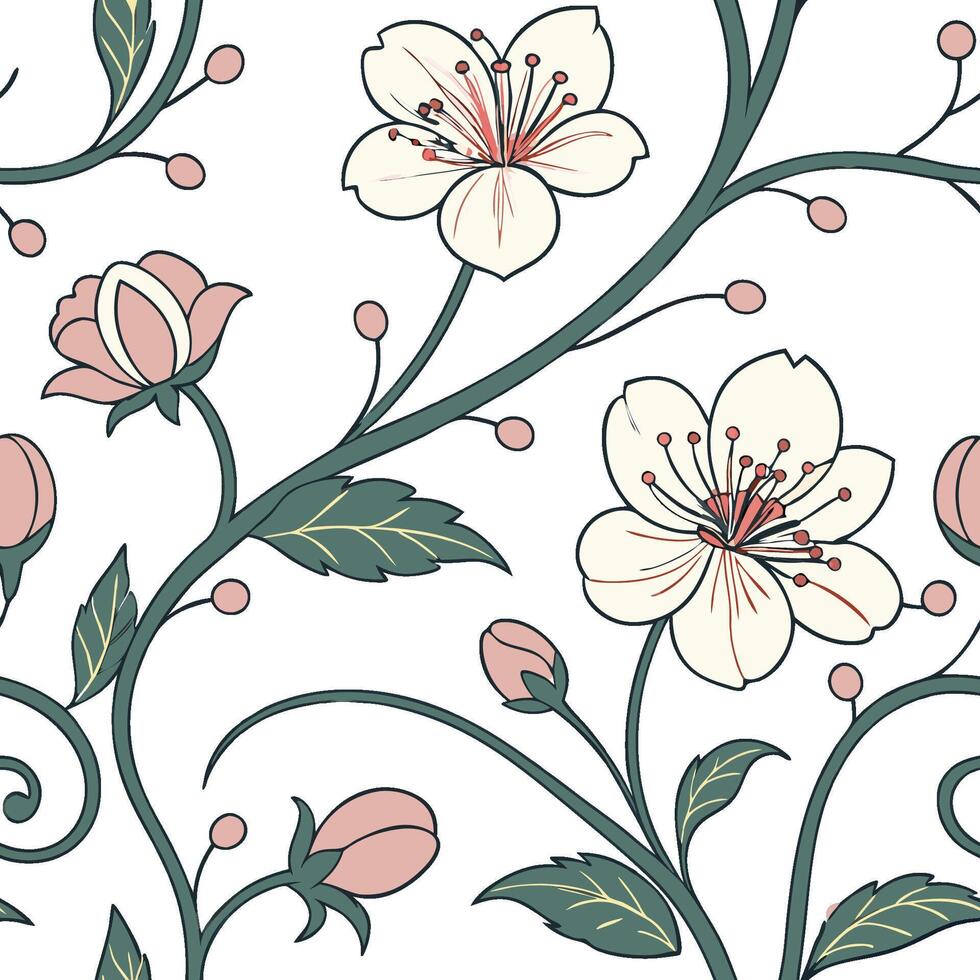 Elegant Seamless Pattern with Delicate Pink and White Flowers on Twining Branches vector