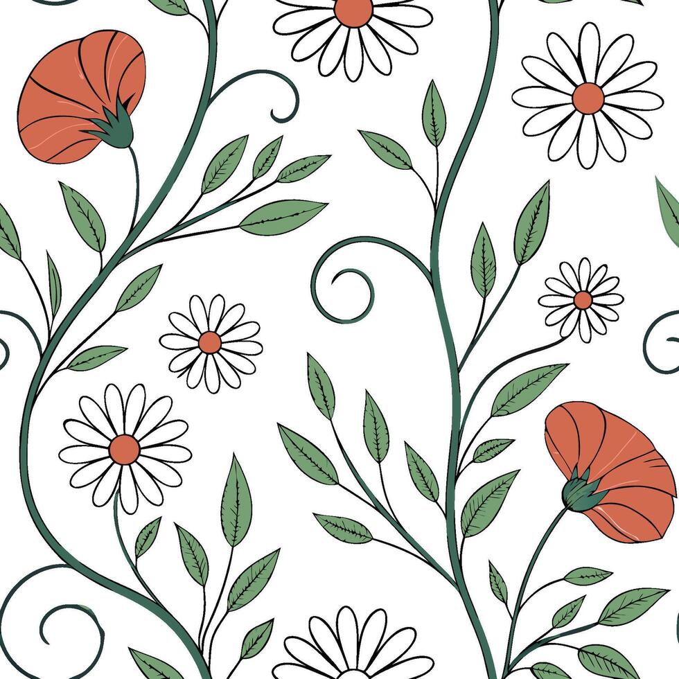 Elegant Floral Design Seamless Pattern Daisies and Poppies on White Background vector