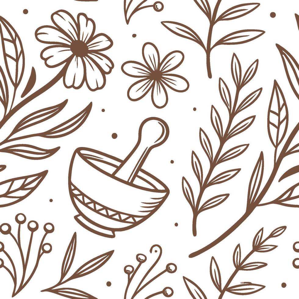 Herbal medicine seamless pattern design with flowers and mortar pestle illustration vector