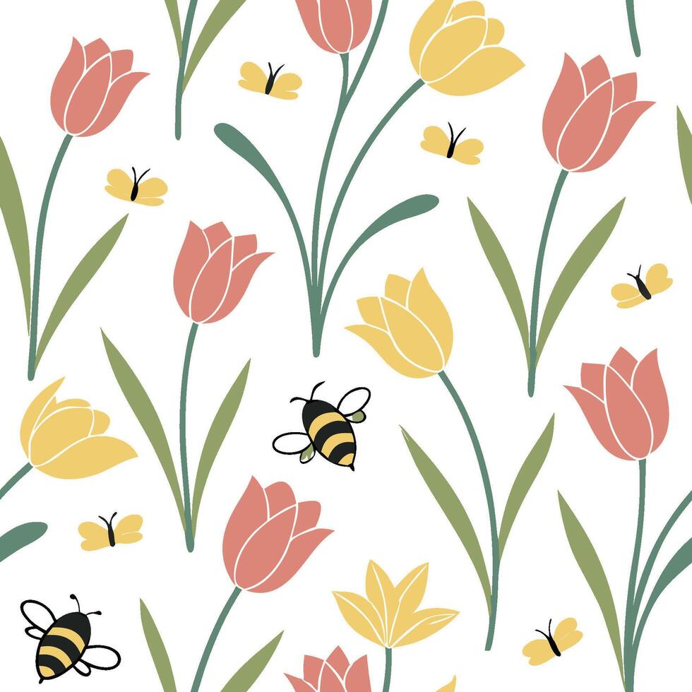Seamless Spring Pattern Yellow and Pink Tulips with Bees and Butterflies vector
