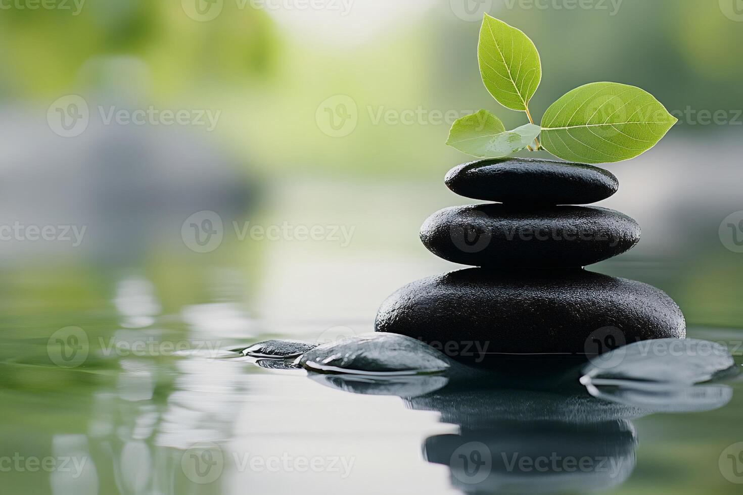 Balancing zen stones with green leaves growing on water surface promoting meditation and spa photo