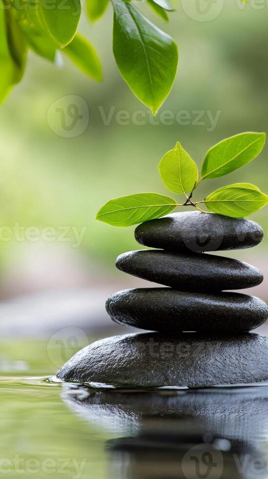 Balancing stones and green leaf showing harmony and wellness in nature photo