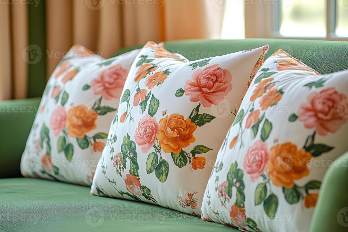 Floral pillows resting on a green sofa in a cozy living room photo