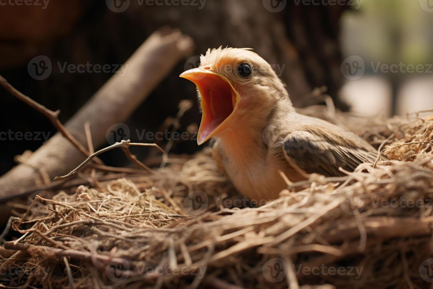 Baby bird opening beak in nest begging for food photo