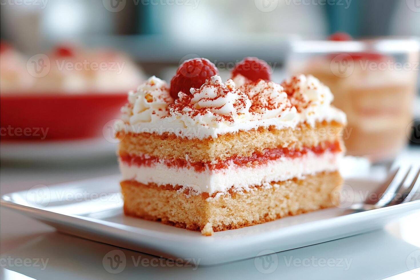 Delicious raspberry cake slice with whipped cream and cocoa powder topping photo