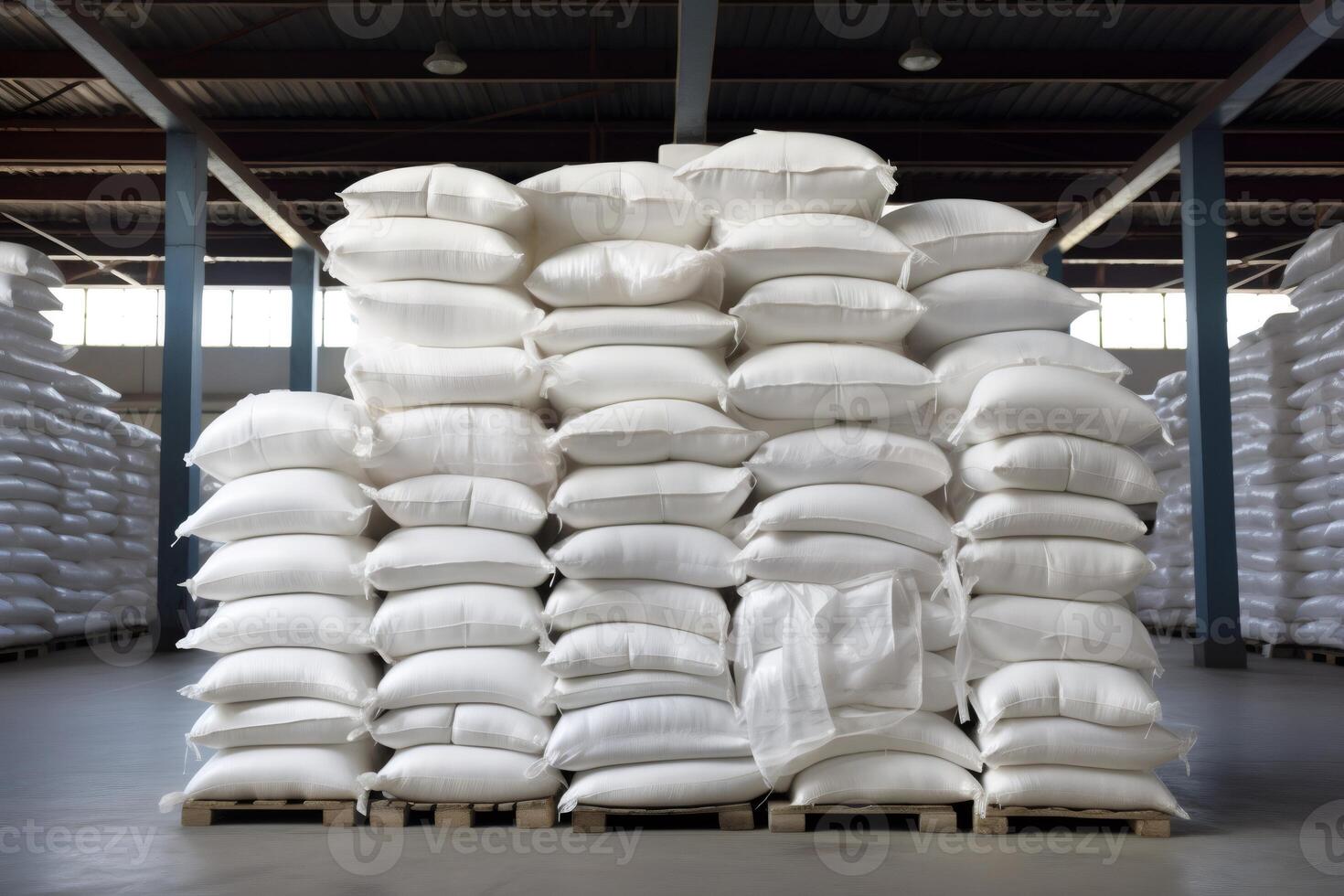 White sacks of flour or sugar stacked on pallets in large warehouse photo
