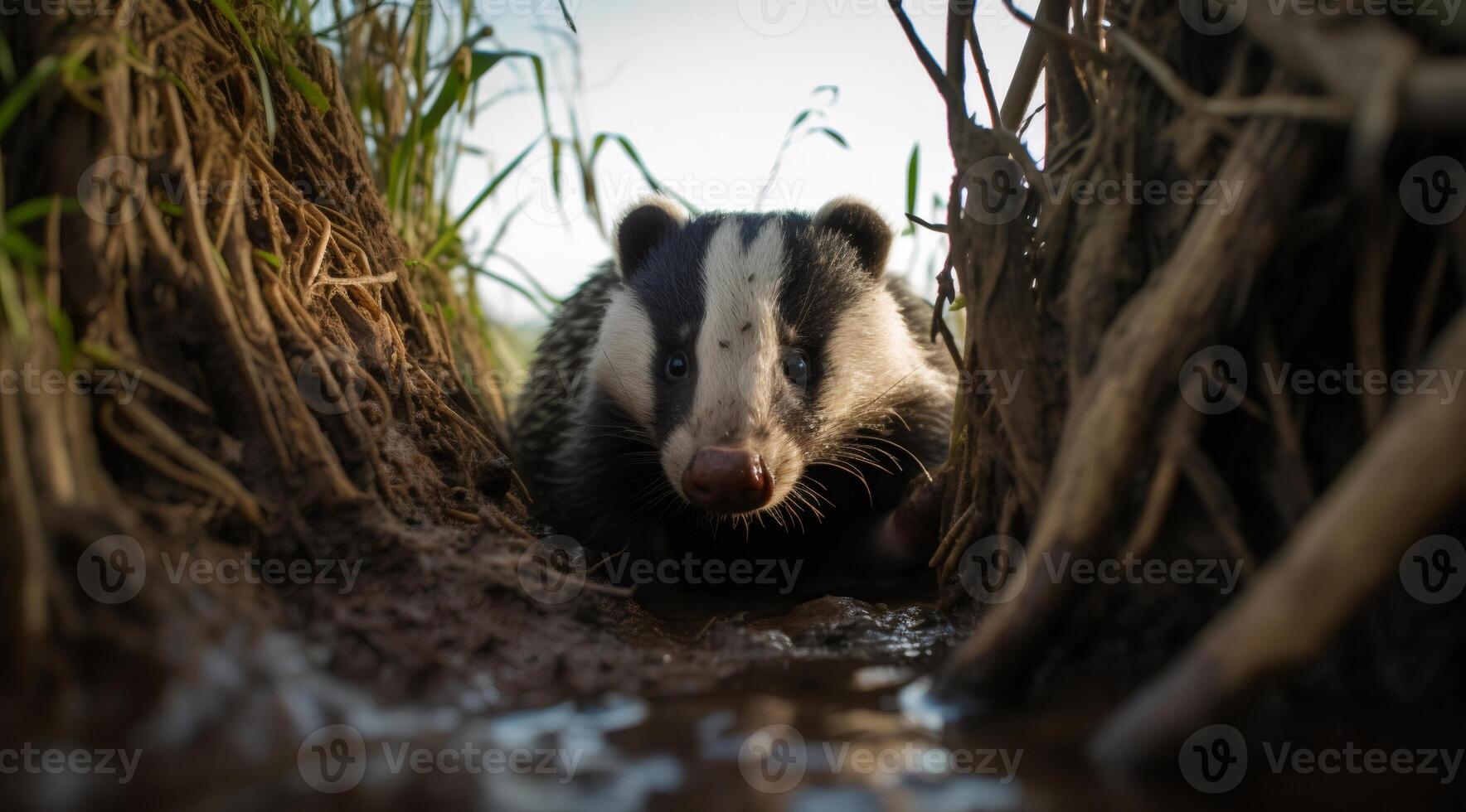 European badger exiting burrow near water puddle photo