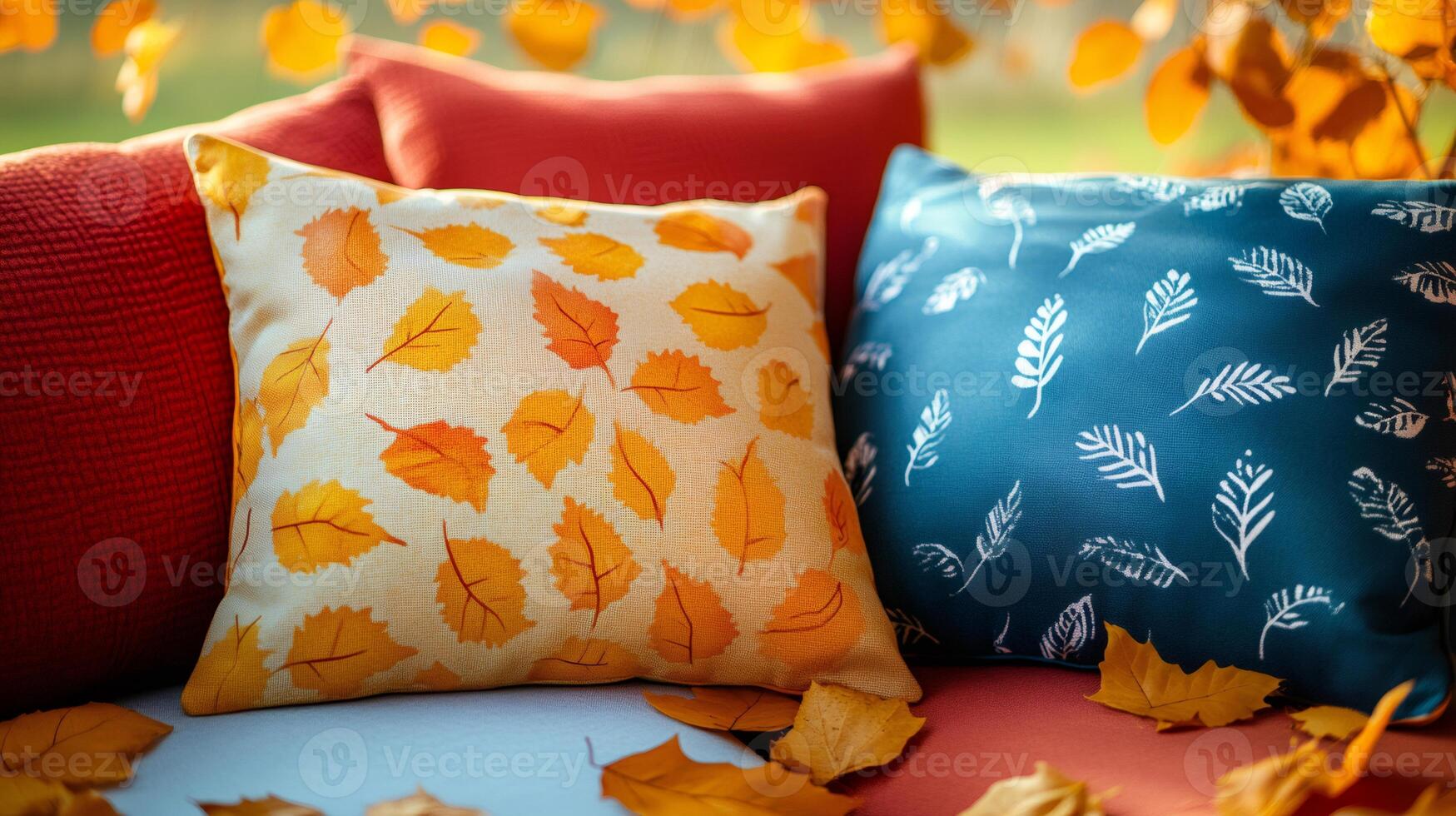 Colorful pillows with autumn leaf patterns creating cozy atmosphere photo