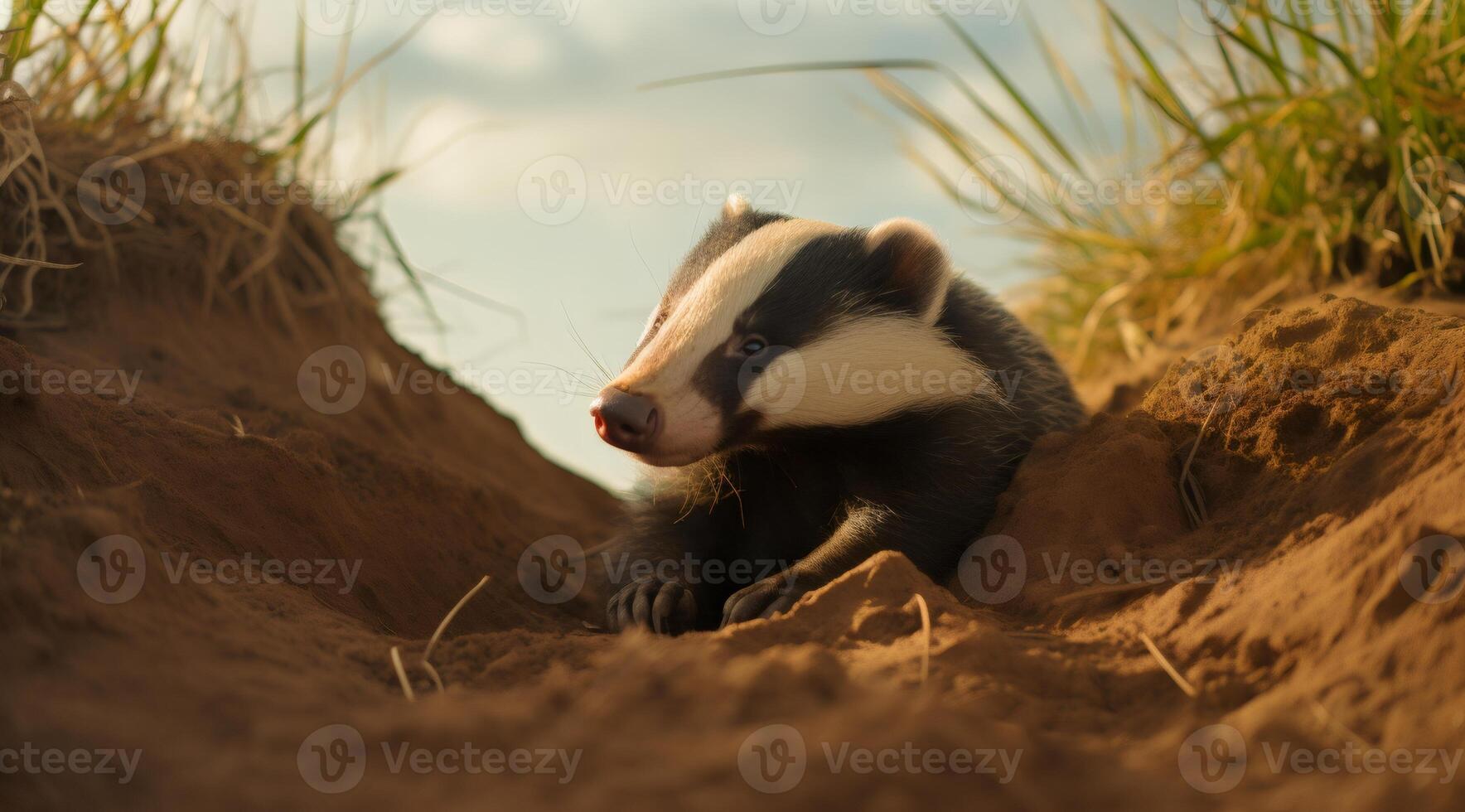 European badger exiting its den in a grassy field at sunset photo