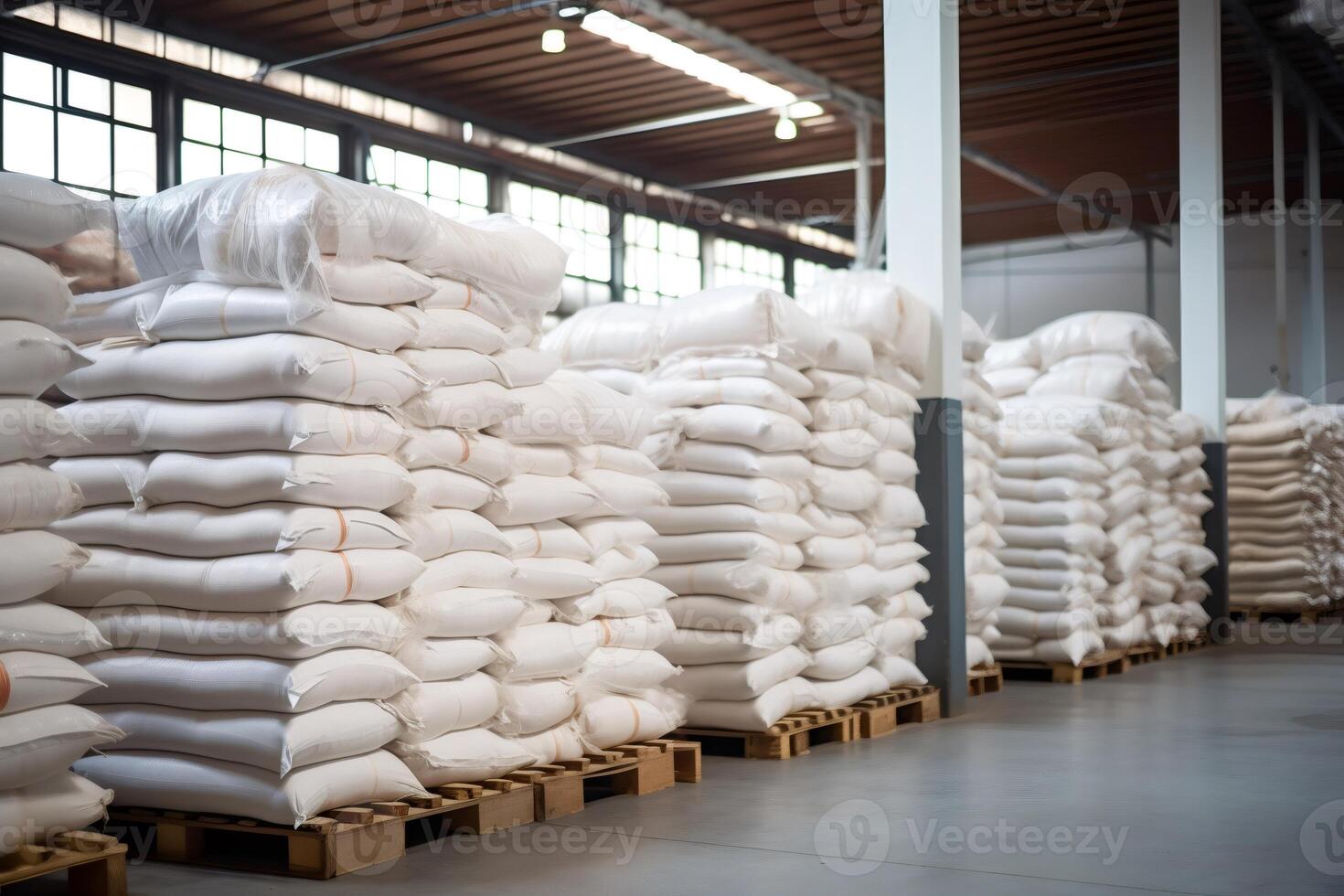 White sacks neatly stacked on pallets filling warehouse space photo