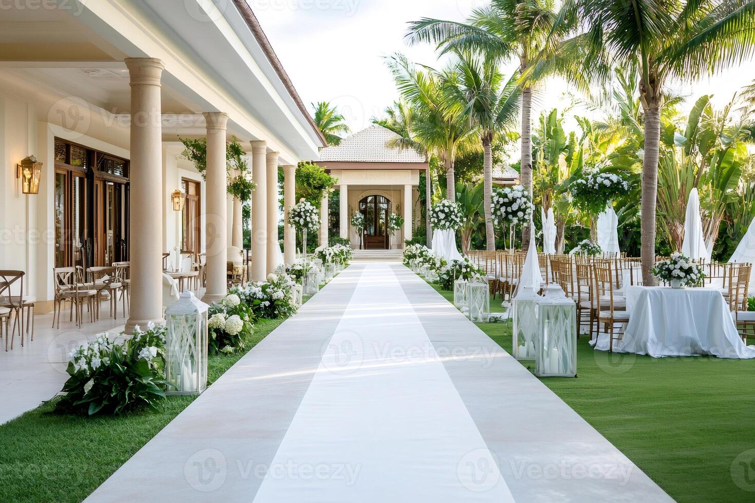 Elegant white carpet leading to wedding altar between columns and palm trees photo