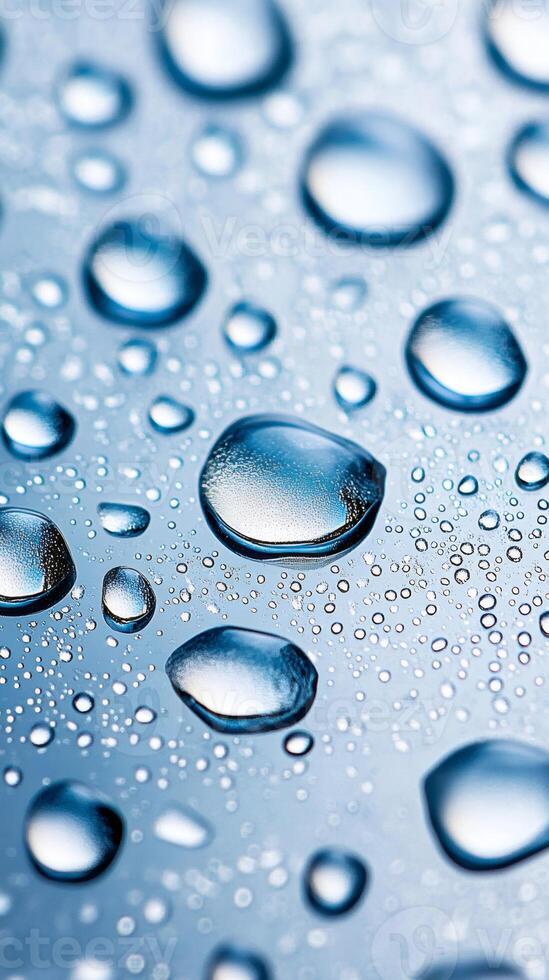 Close-up of water droplets forming abstract shapes on blue surface photo
