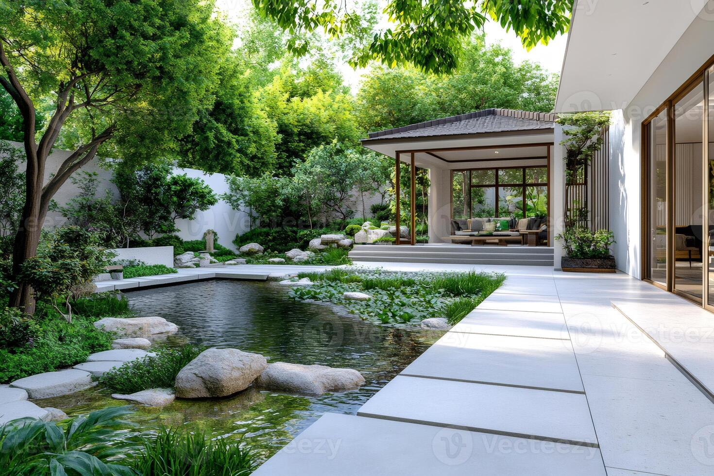Modern house featuring a beautiful japanese garden with pond and gazebo photo