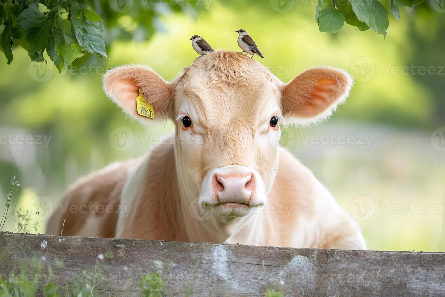 Cow standing behind wooden fence with two birds perching on its head photo