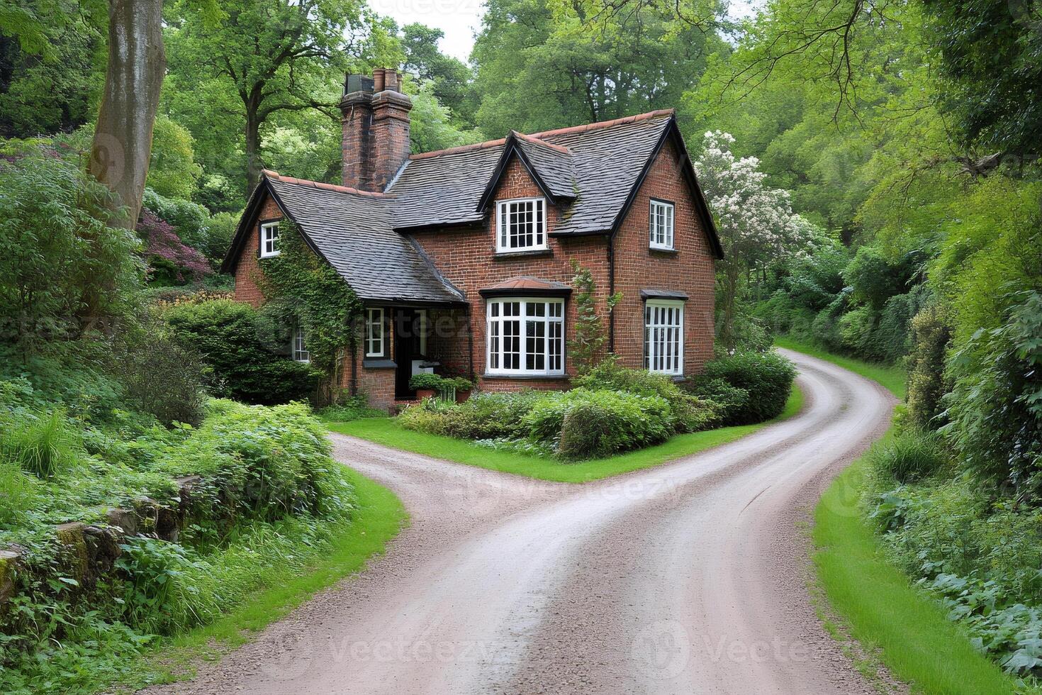 Gravel road splitting in two directions in front of english house in the woods photo