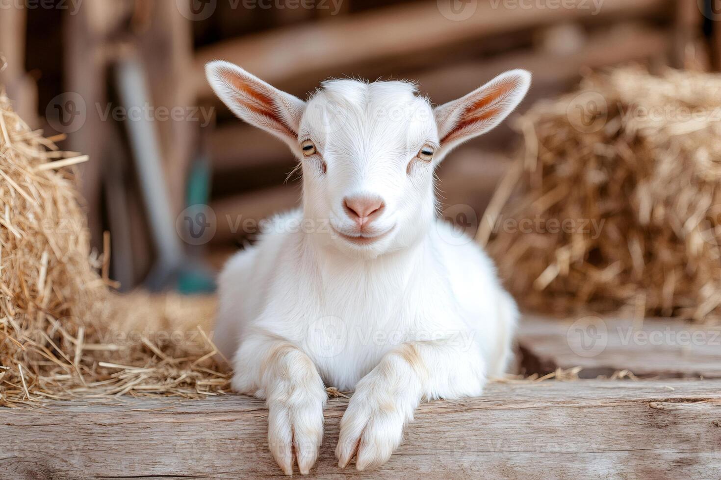 White baby goat resting on wooden plank in barn photo