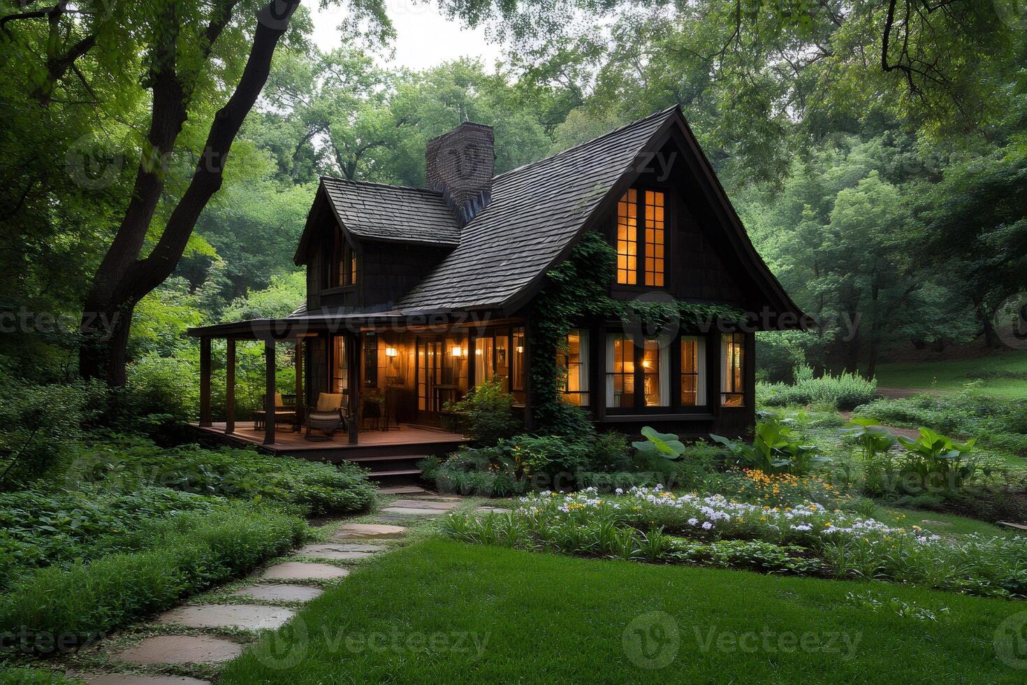 Charming cottage nestled in a tranquil forest setting at dusk photo