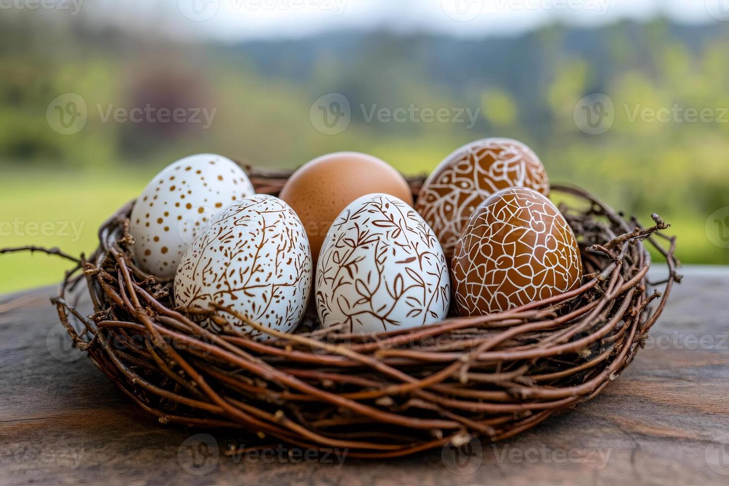 Easter eggs with brown decorations resting in a nest photo
