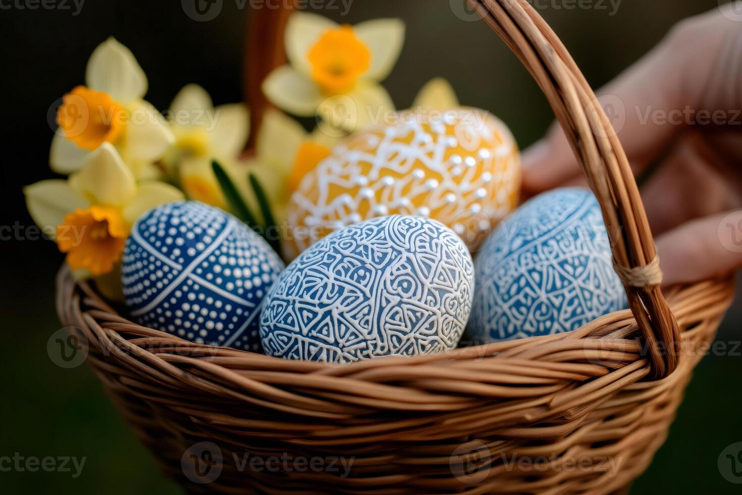 Wicker basket holding easter eggs and daffodils during easter celebration photo