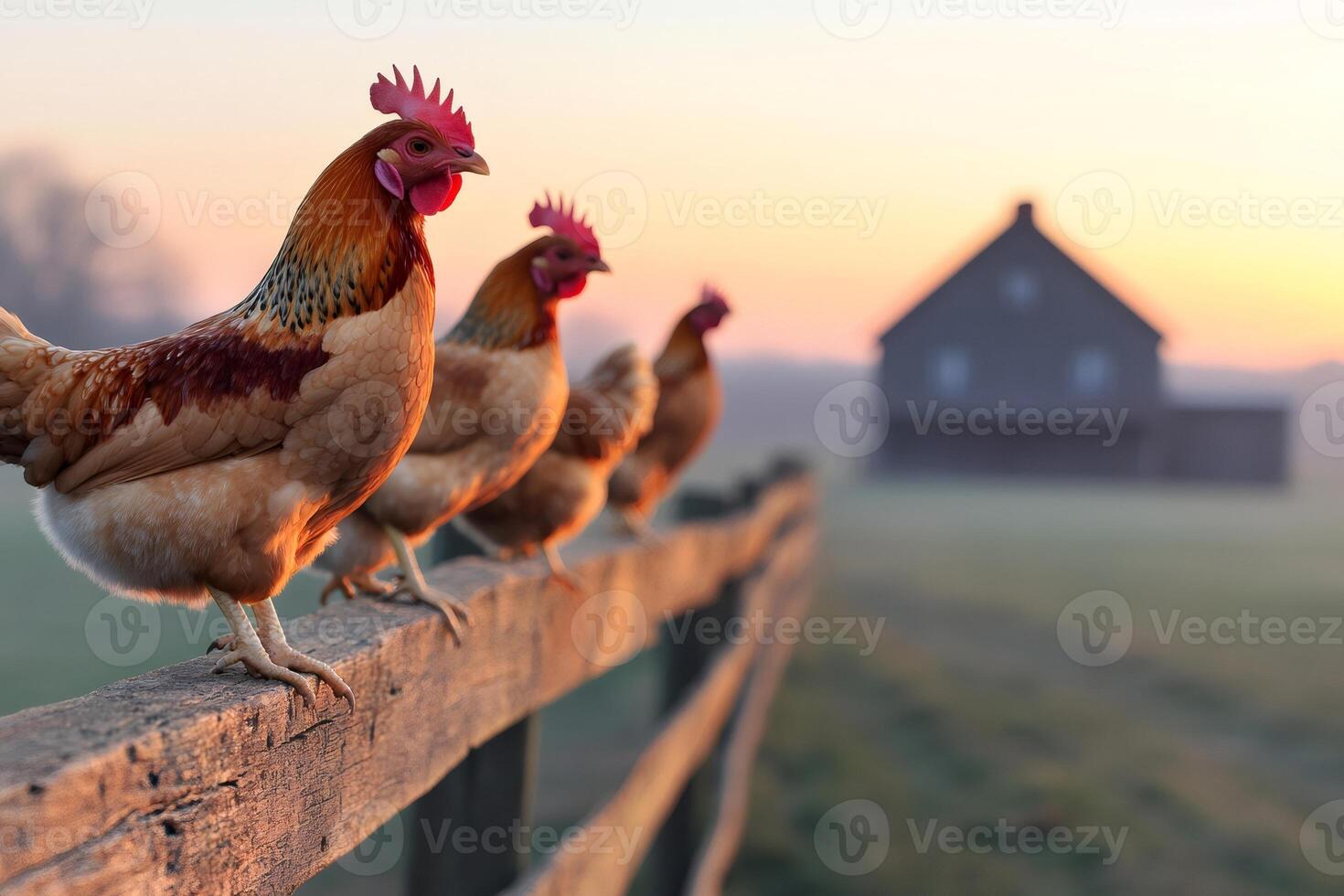 Hens standing on fence in front of farmhouse at sunrise photo