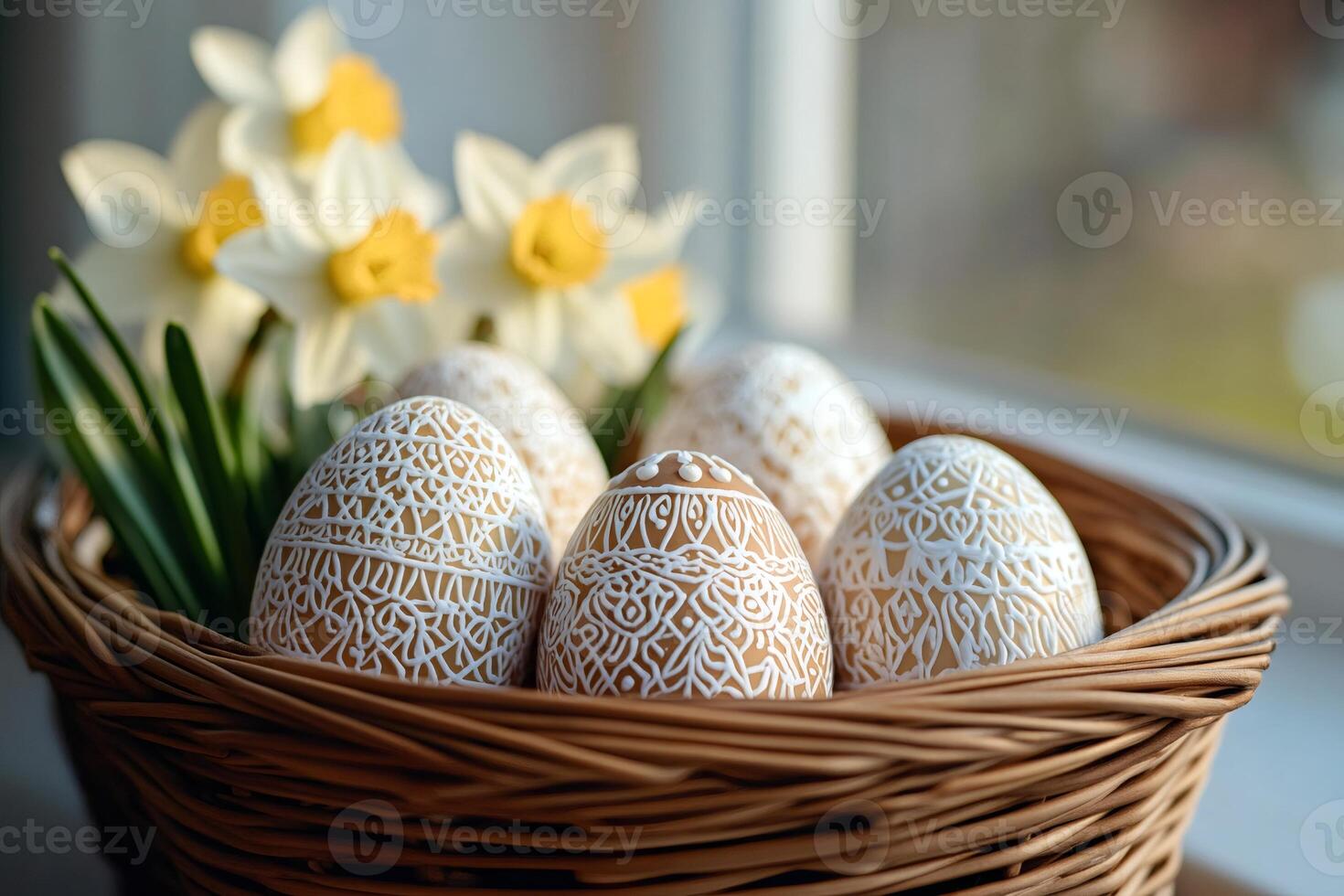 Easter eggs with white icing decorations lying in wicker basket near daffodils by window photo