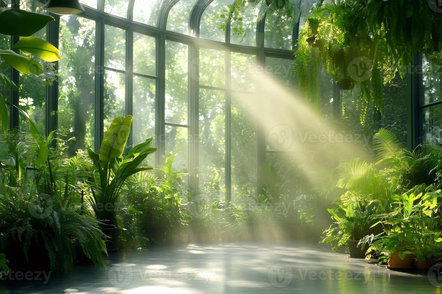 Sun rays shining through window in greenhouse illuminating plants photo