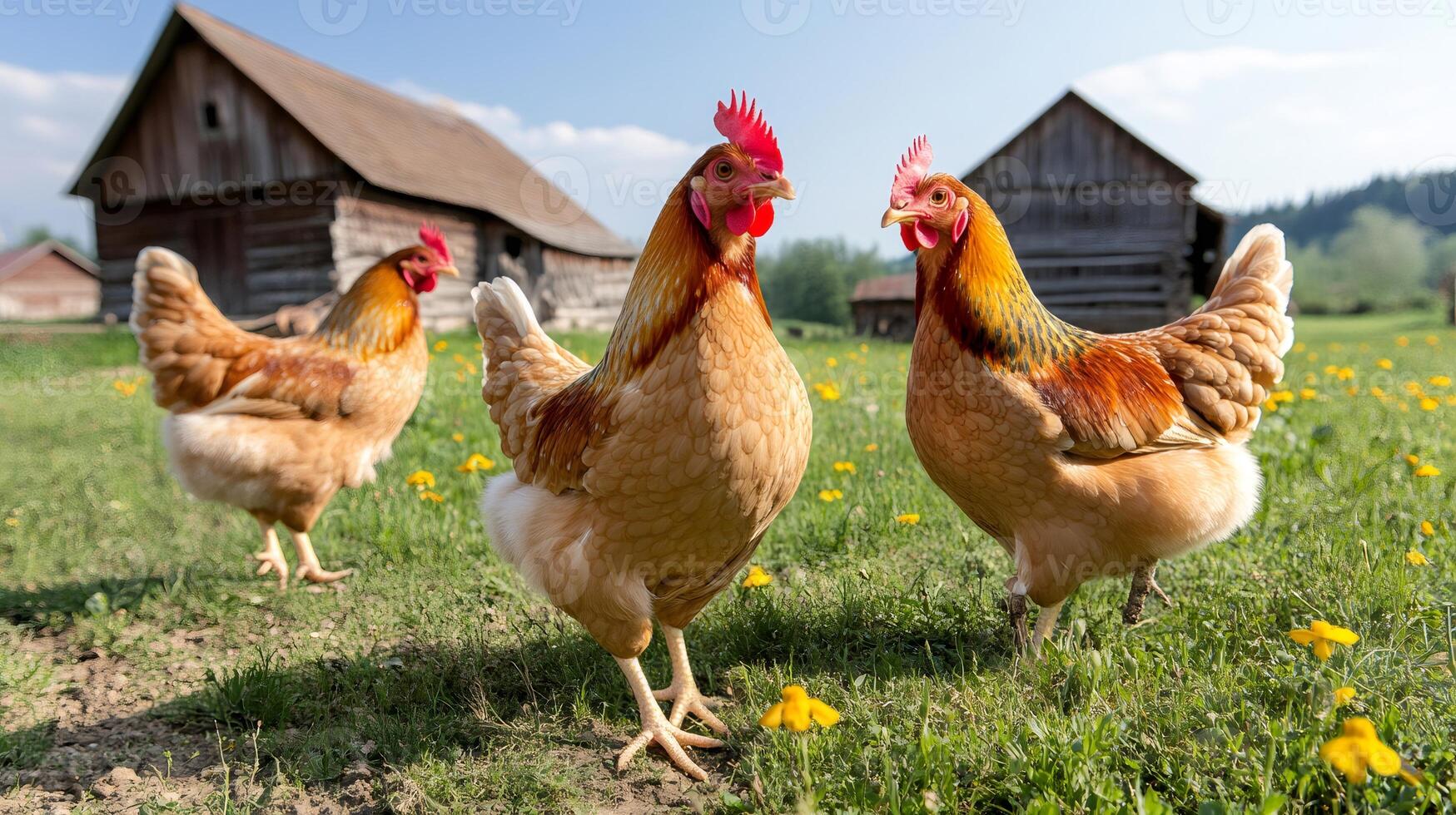 Free range chickens roaming and pecking for food on a farm photo
