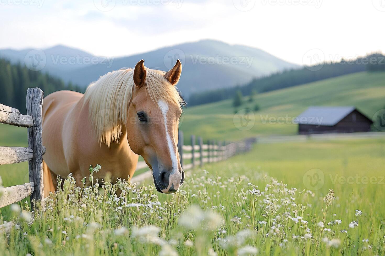 Palomino horse grazing in a field near a wooden fence in a mountain landscape photo