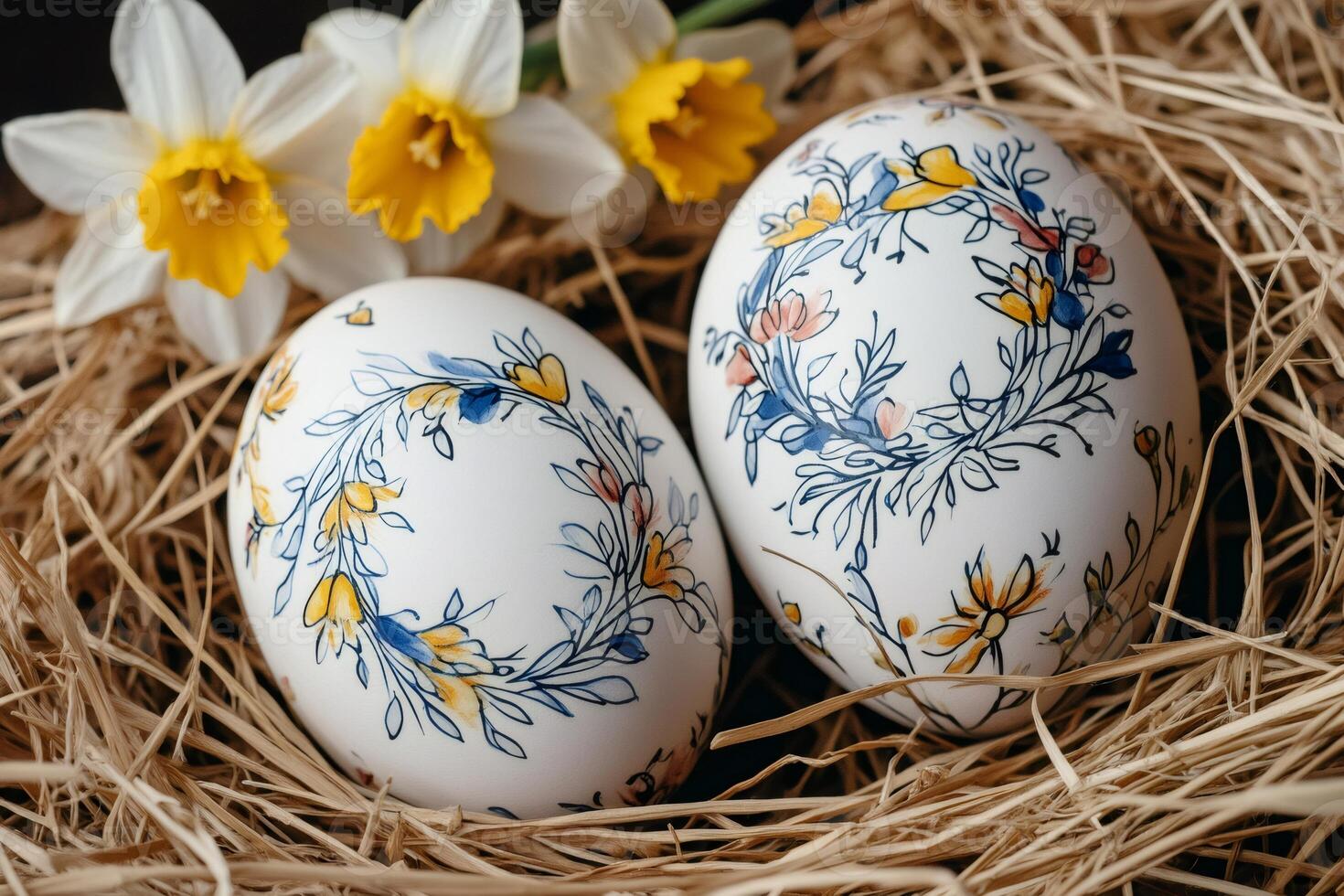 Easter eggs with floral pattern resting on straw near daffodils photo