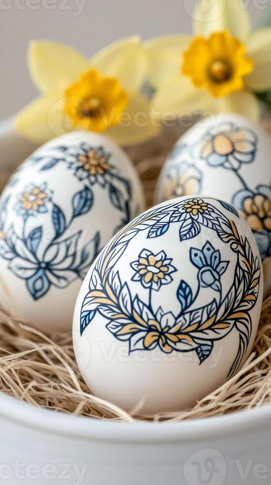 Easter eggs decorated with floral motifs lying in a bowl with daffodils in the background photo