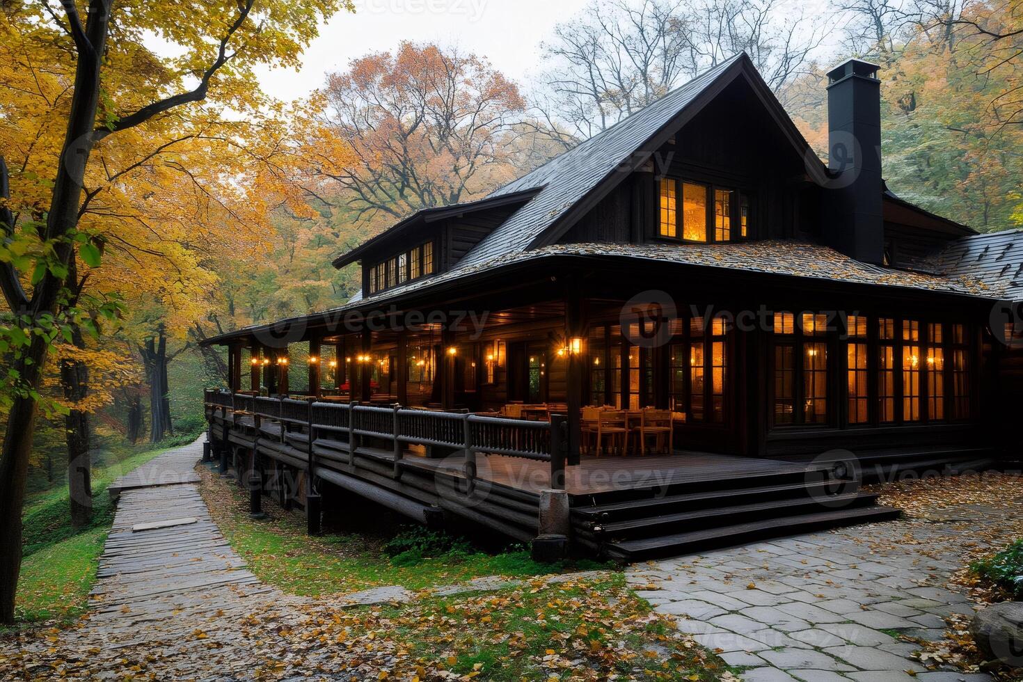 Cozy wooden house with lights on surrounded by colorful autumn trees in the evening photo
