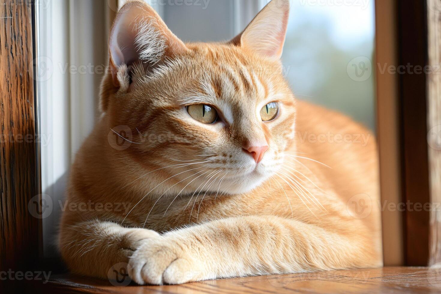 Ginger cat relaxing and looking outside through window photo