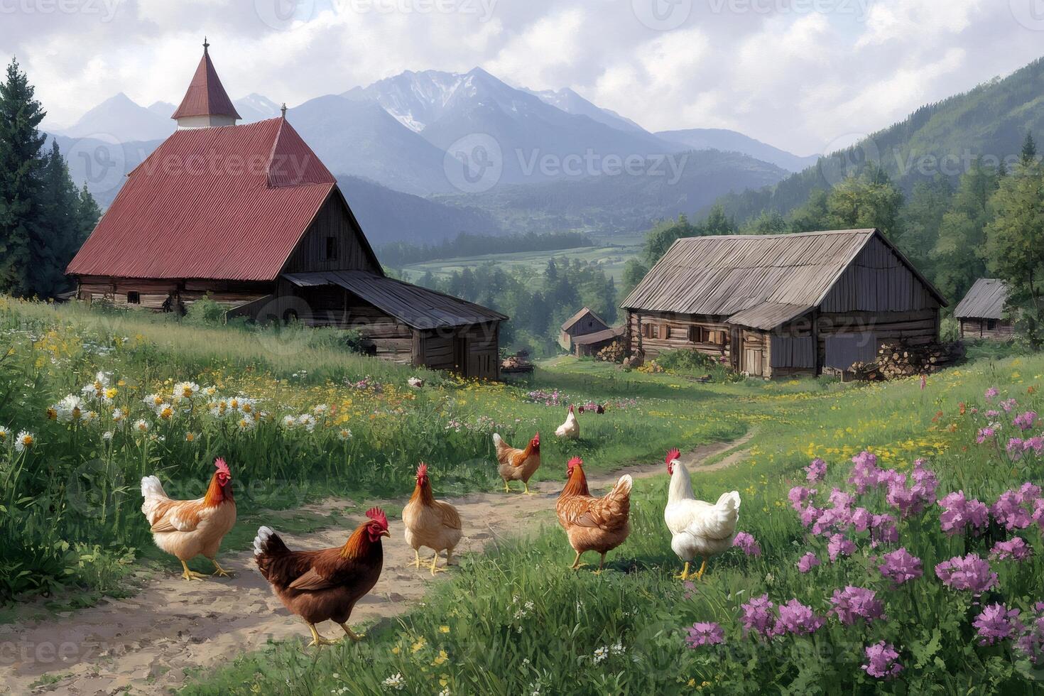 Chickens walking on a path in a mountain village photo