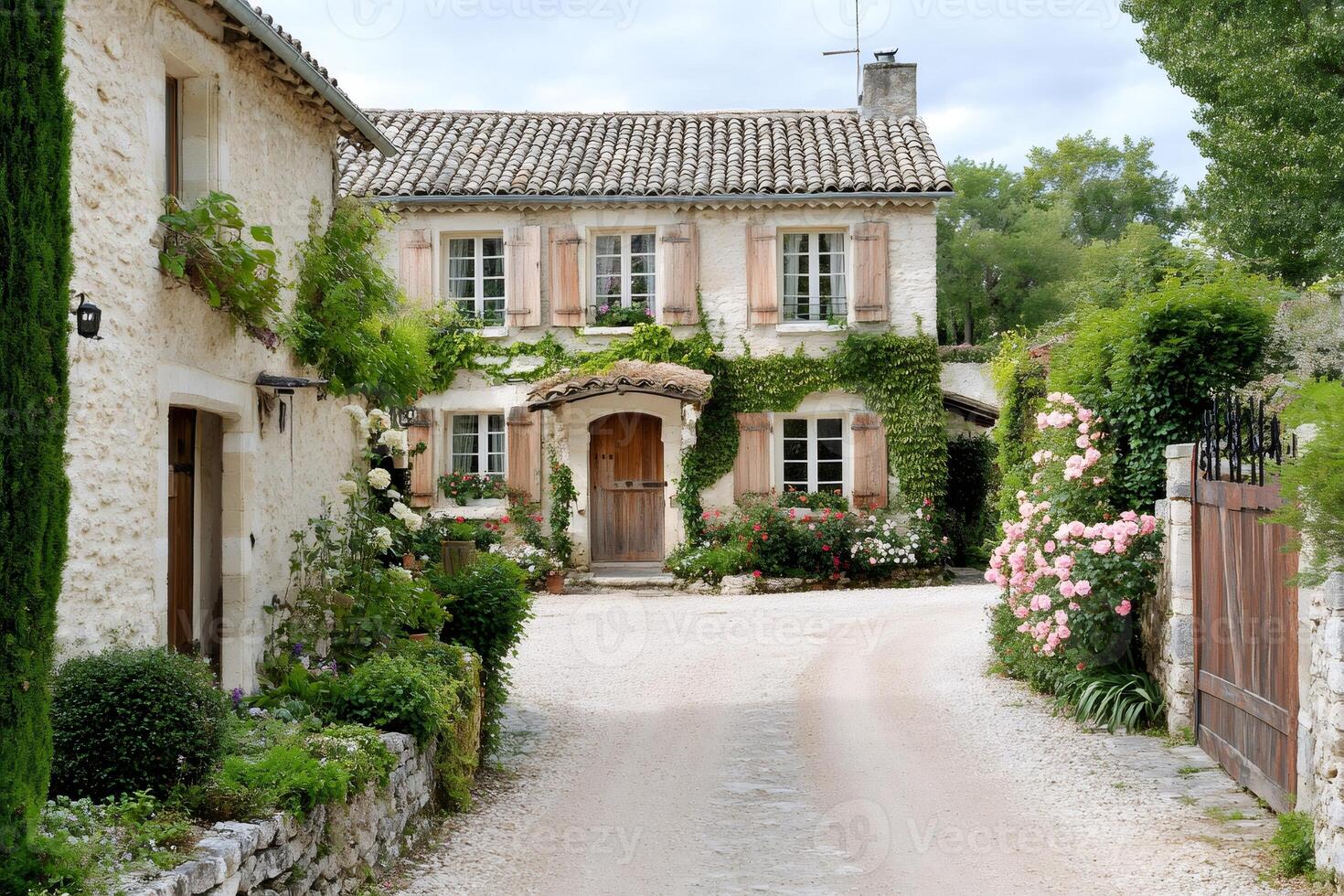 Charming french country house with climbing plants and wooden shutters photo