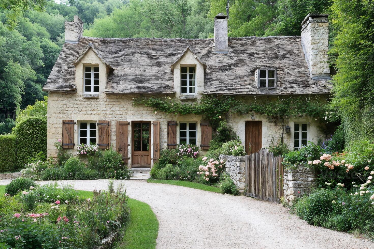 Charming stone cottage nestled in lush French countryside with blooming garden photo