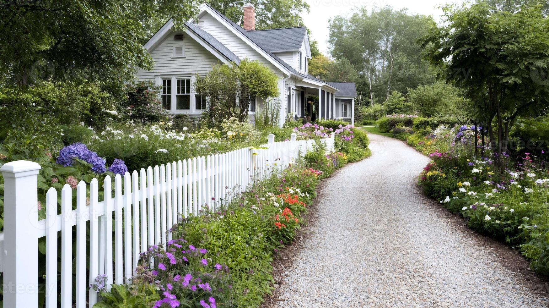 Gravel driveway leading to idyllic white house with picket fence and lush colorful garden photo