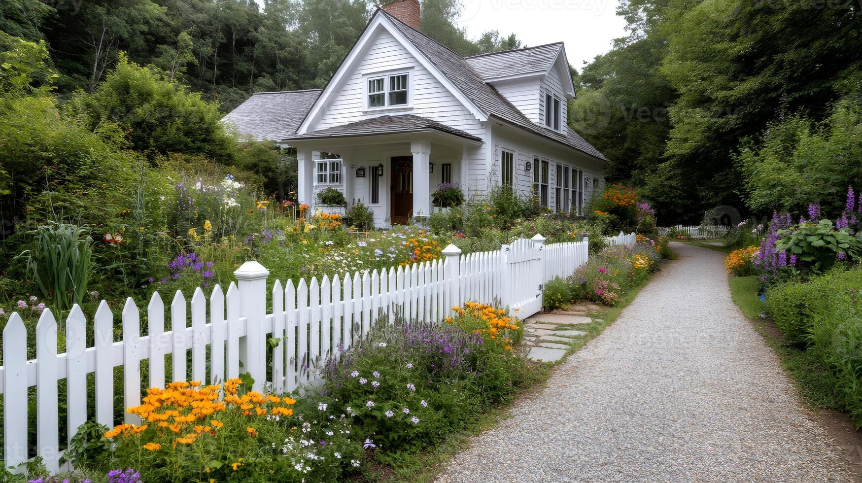 White picket fence surrounding beautiful colorful garden and gravel pathway leading to idyllic country house photo