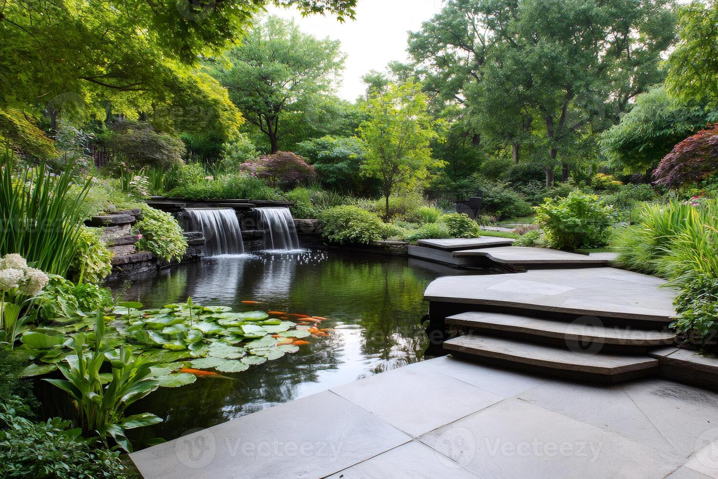 Relaxing koi pond with cascading waterfalls in a peaceful garden photo