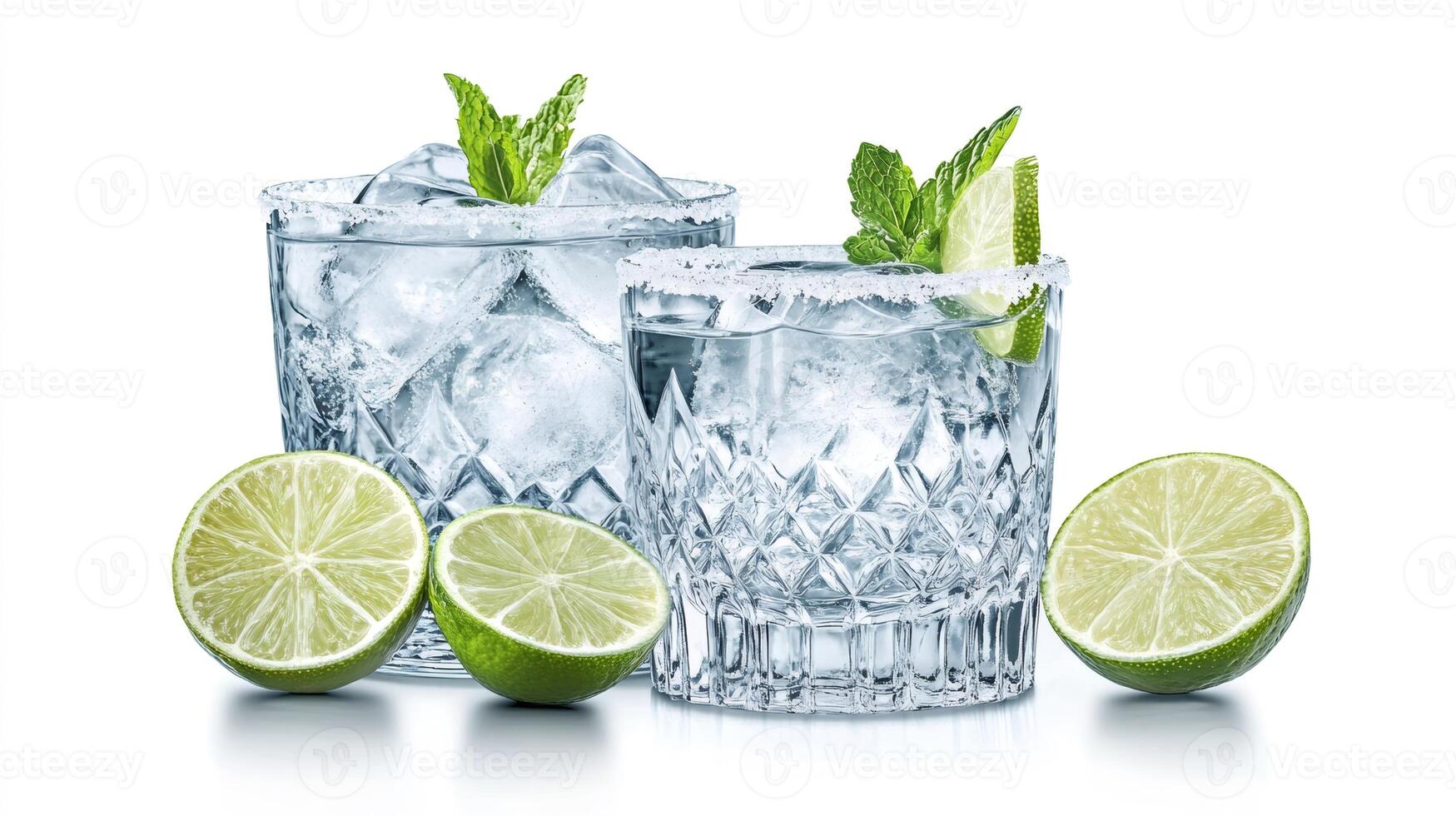 Refreshing cocktails with lime, mint and ice served in crystal glasses photo