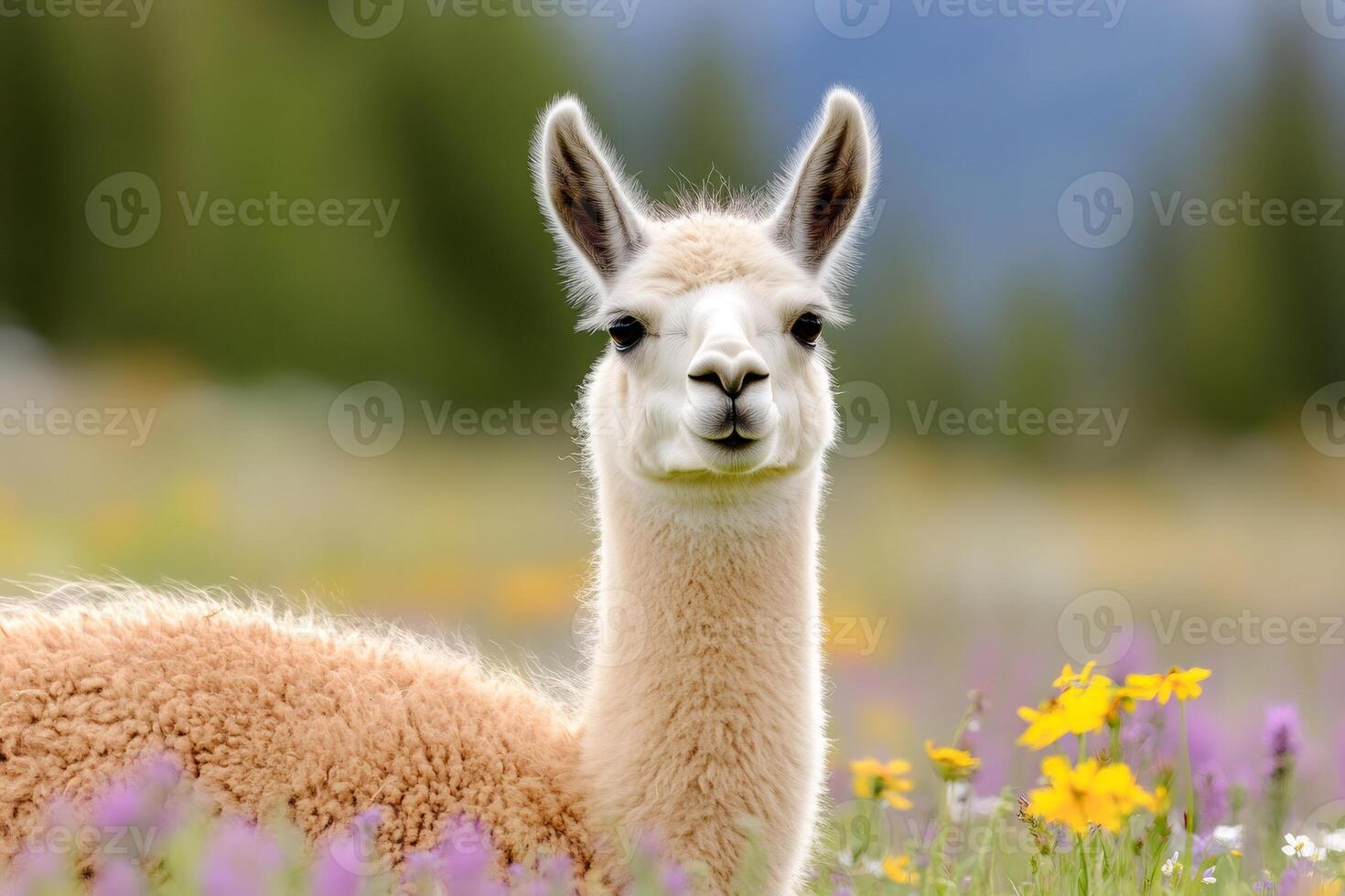 Llama standing in a field of wildflowers photo