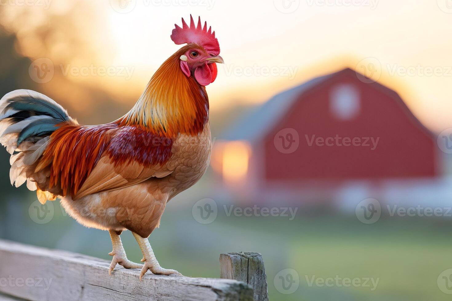 Proud rooster standing on fence at sunrise with barn in background photo