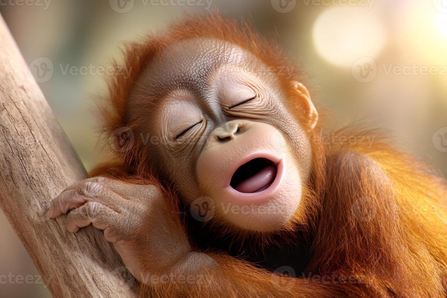 Adorable baby orangutan yawning and sleeping on a tree branch photo