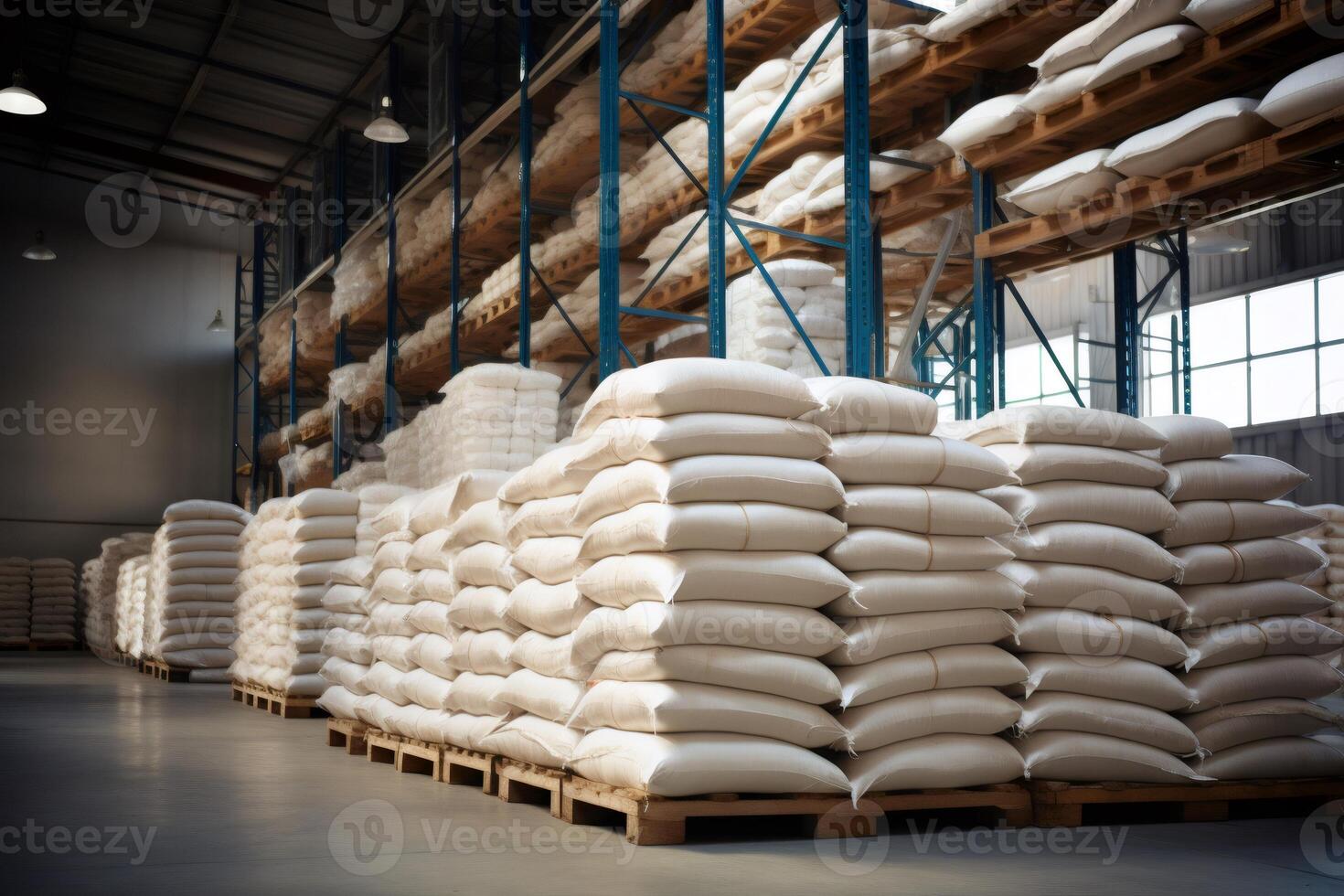 Large warehouse storing sacks of flour on pallets and shelves photo