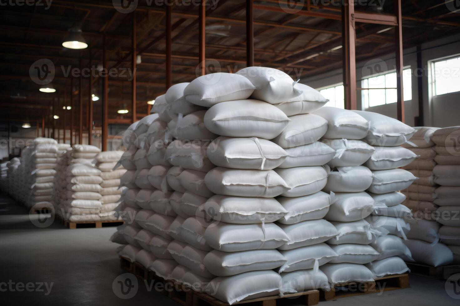 White sacks containing building materials waiting in warehouse photo