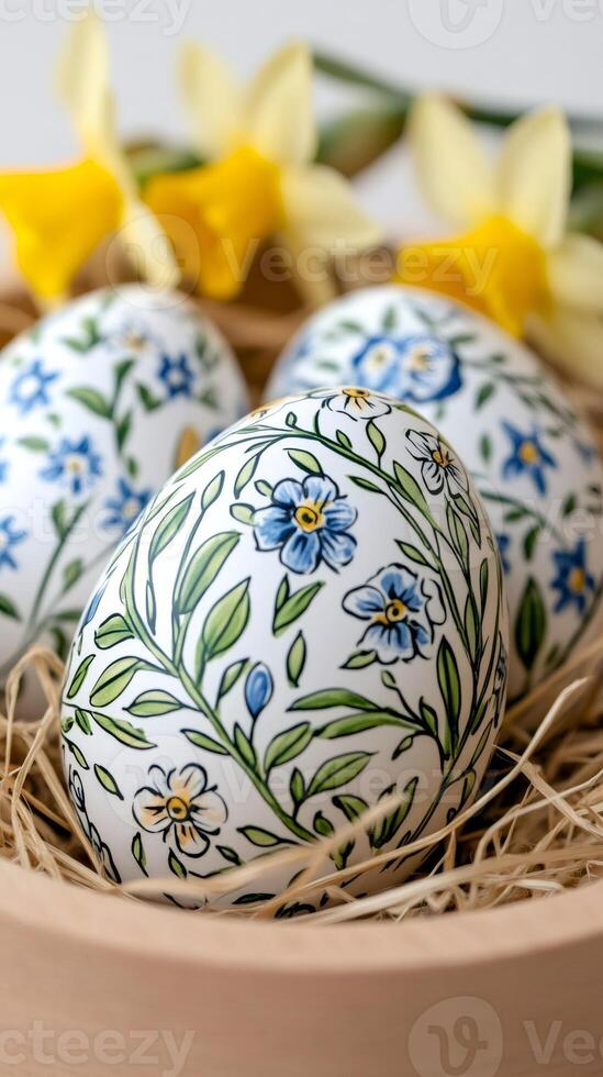 Hand-painted easter eggs with floral motifs resting in a bowl with daffodils in the background photo