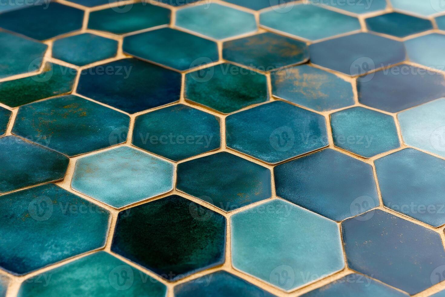 Emerald green and gold hexagon tiles creating beautiful honeycomb pattern photo