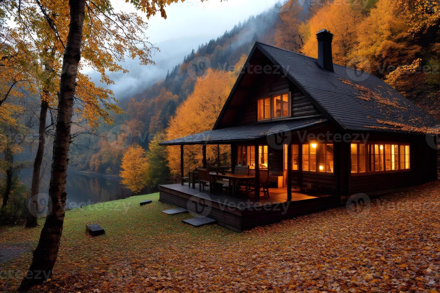 Cozy wooden cabin illuminating the autumn forest at dusk photo