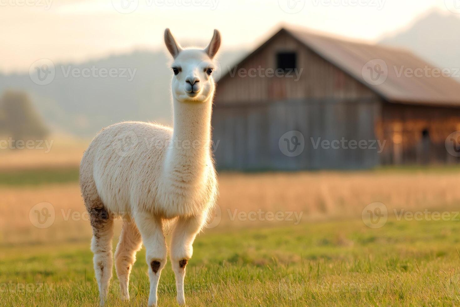 White llama standing in a field with a barn in the background photo