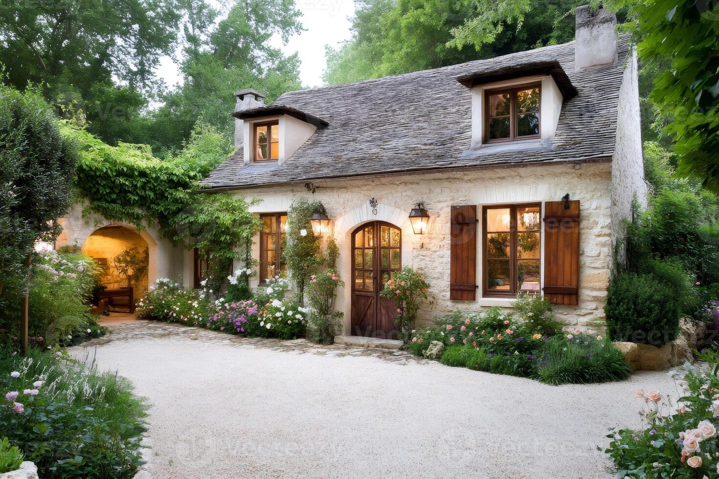 Charming french country house with beautiful garden and gravel driveway photo