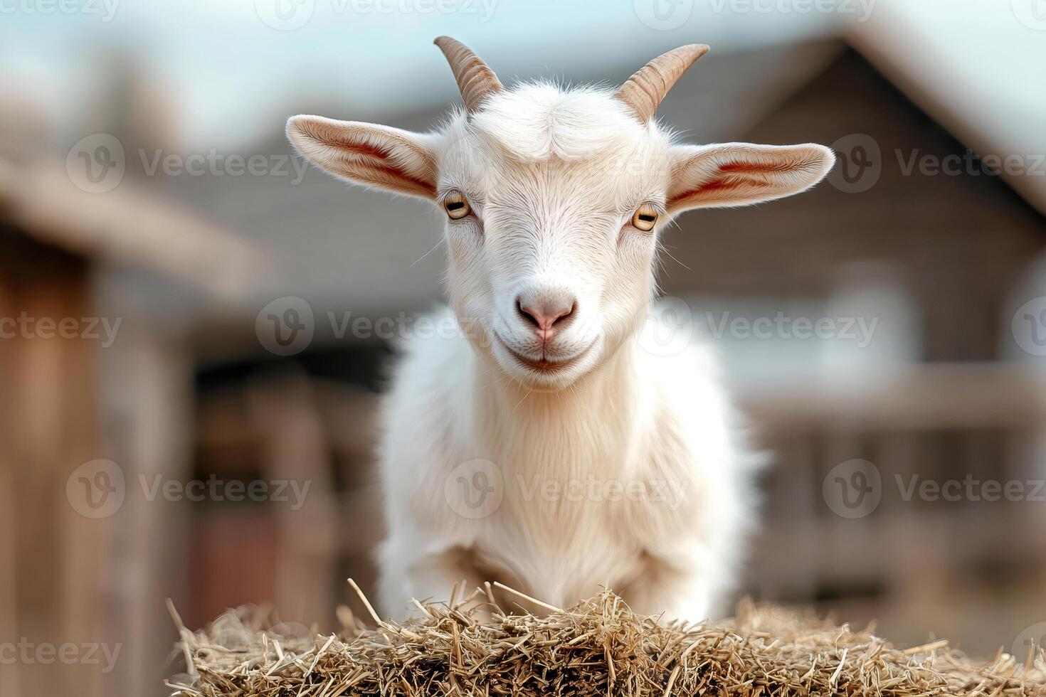Adorable white baby goat resting on hay bale in a farm photo